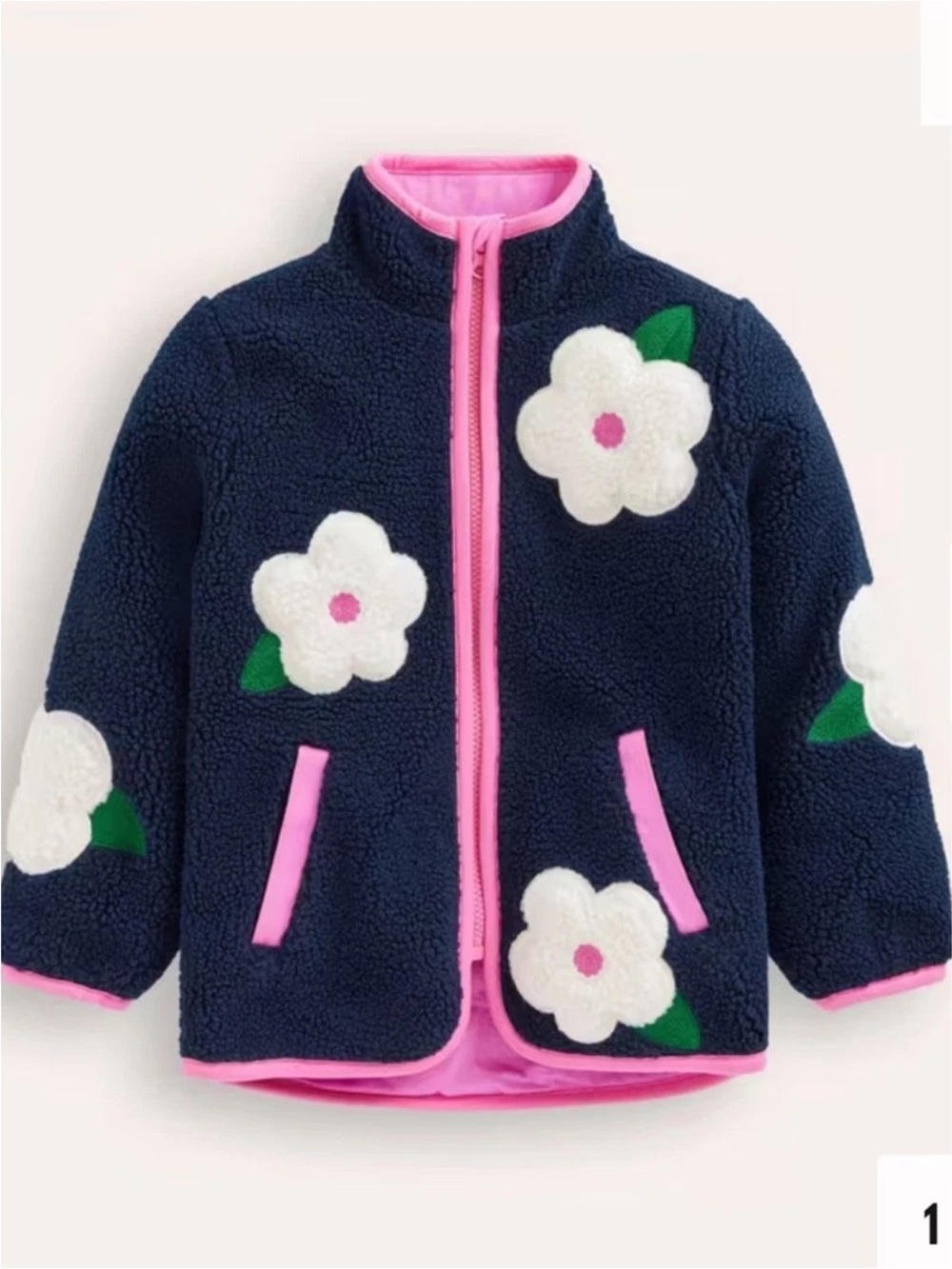 NWT Mini Boden Navy Sherpa Jacket with Pink Trim and White Flower Appliqués